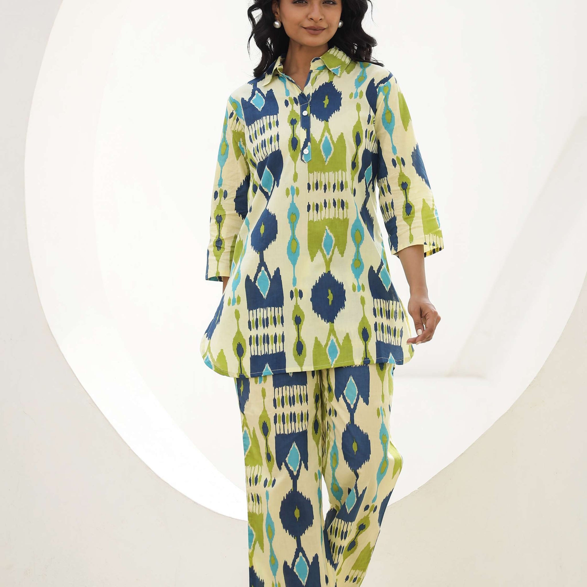 Blue & Green Ikat Print Cotton Co-Ord Set