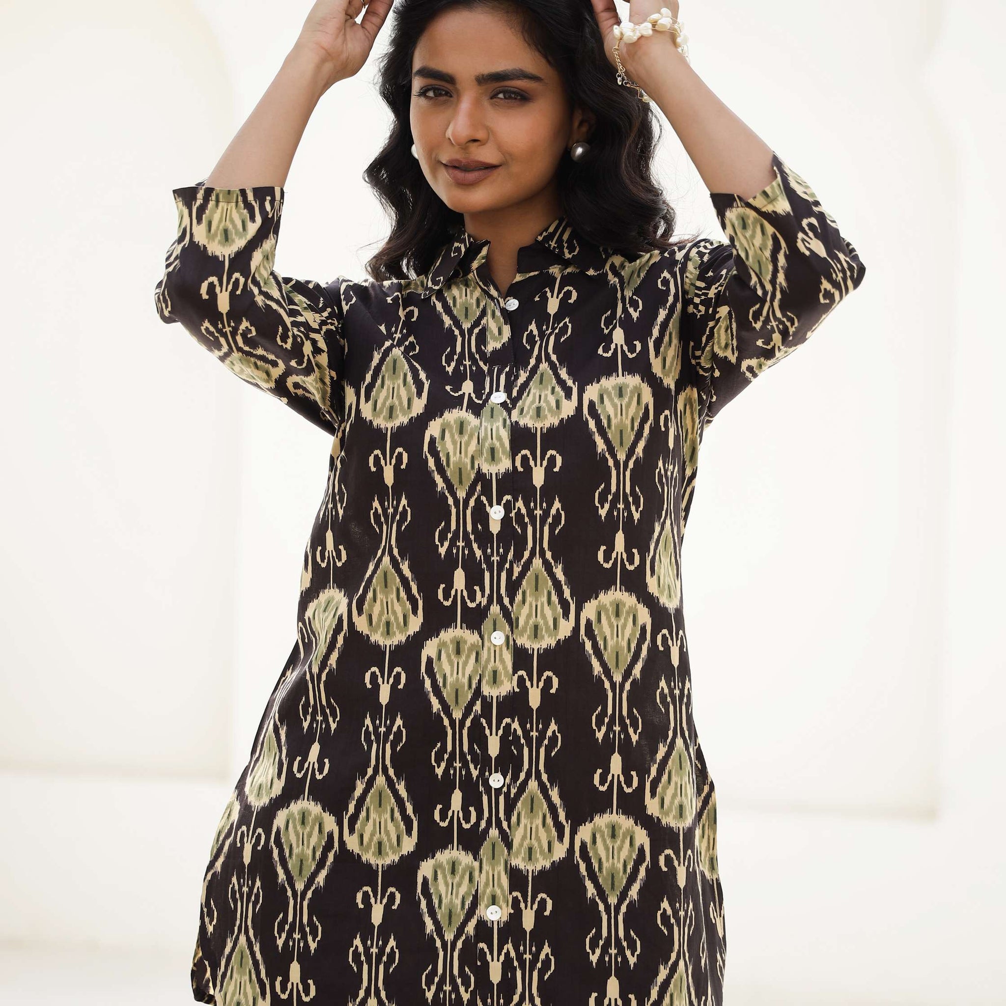 Black & Olive Abstract Ikat Cotton Co-Ord Set