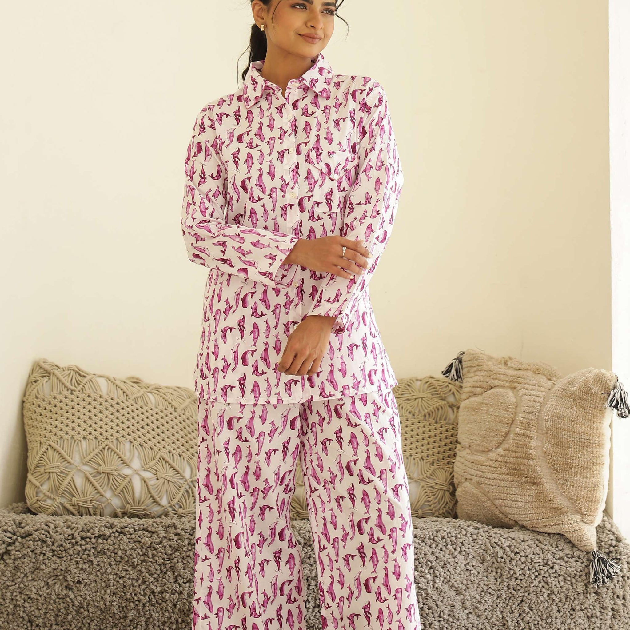 Blush Flamingo Print Cotton Night Suit