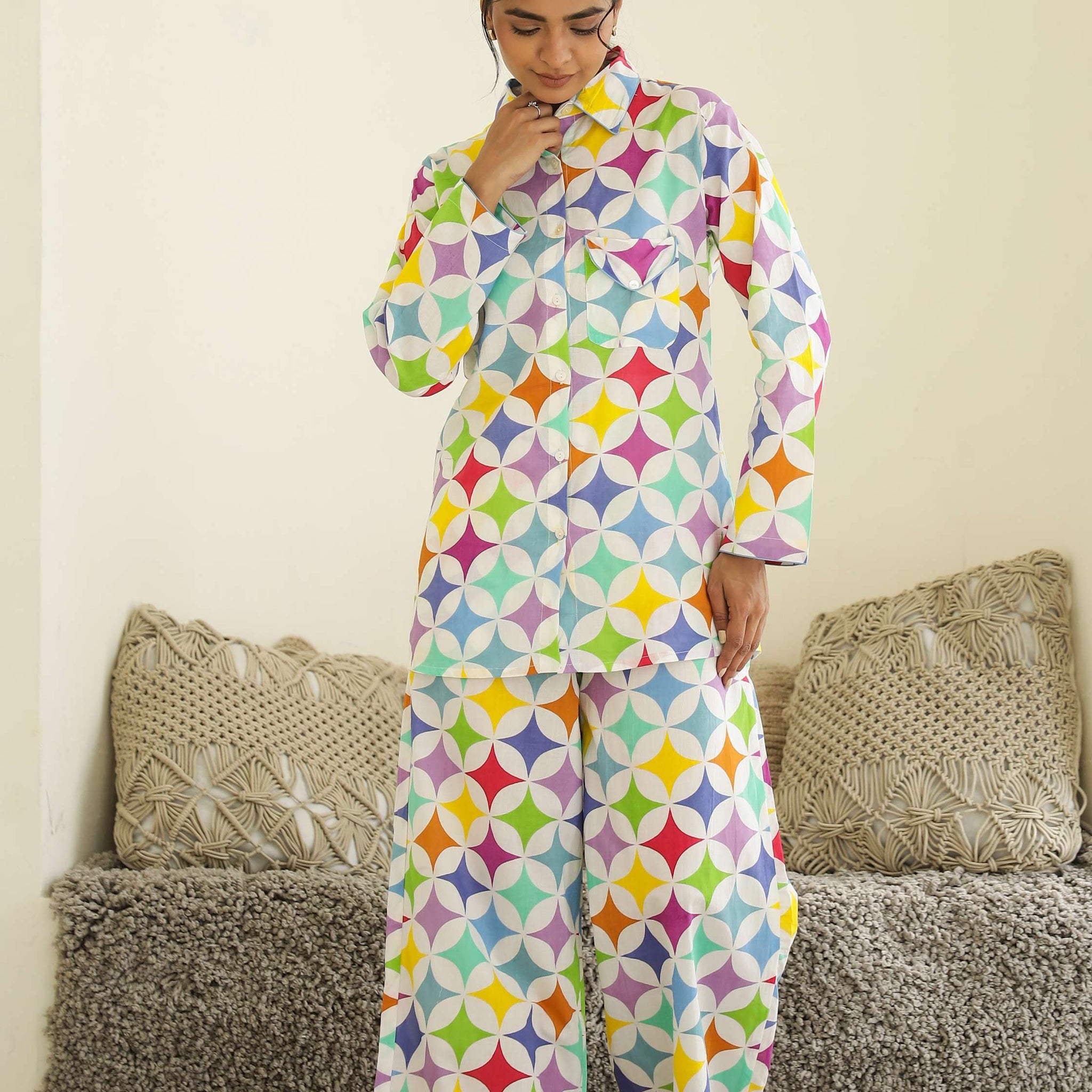 Rainbow Geometry Print Cotton Night Suit