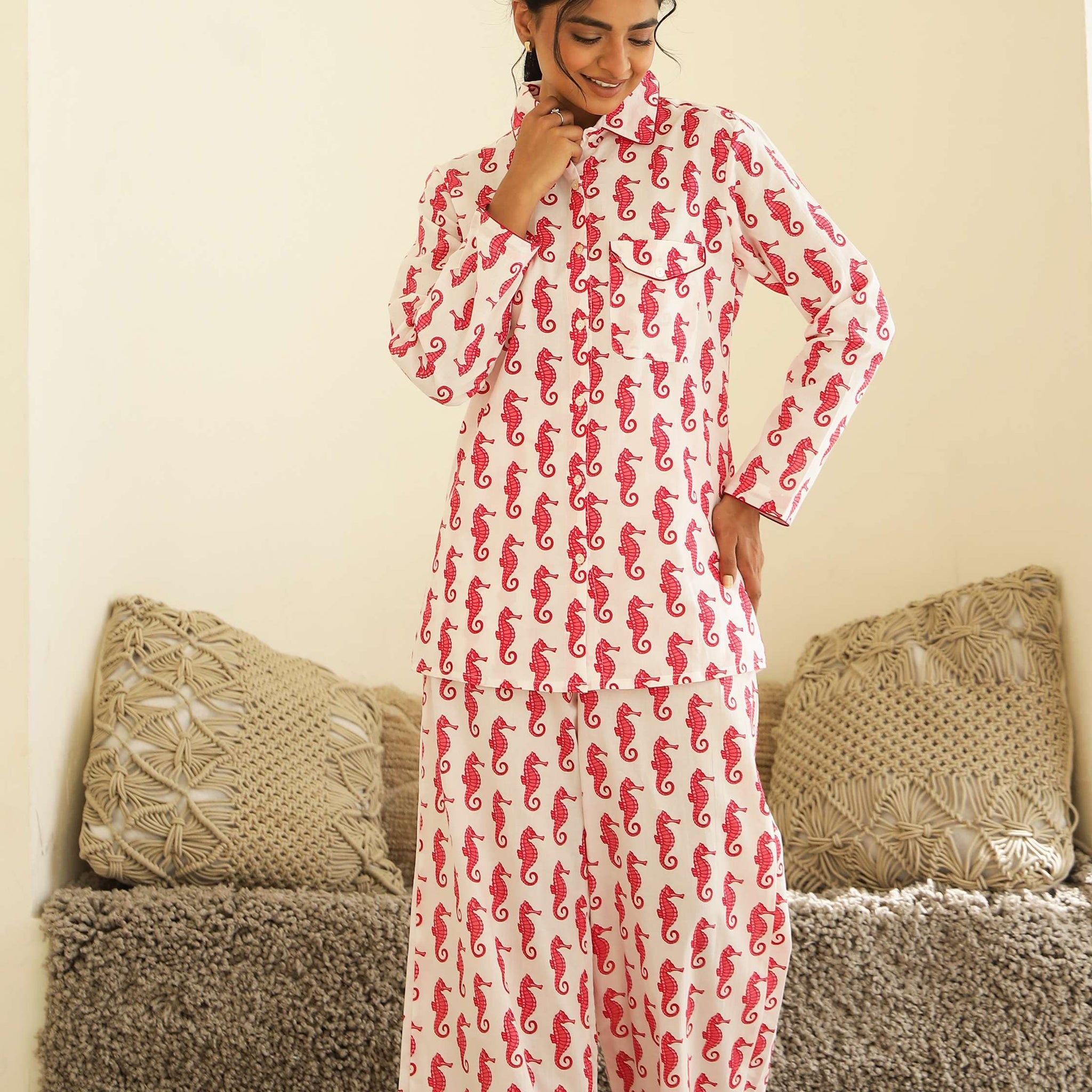 Red Seahorse Print Cotton Night Suit