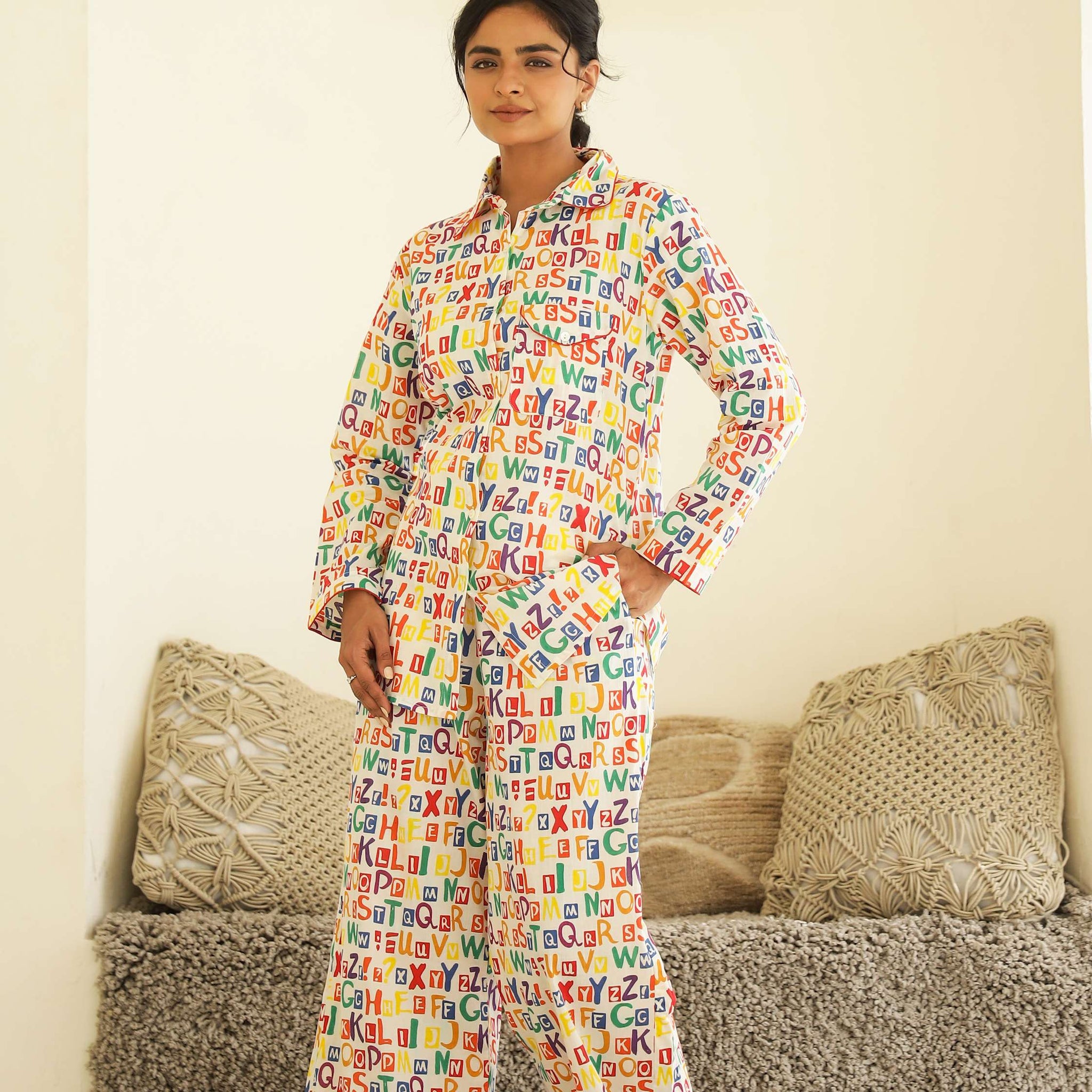 Multicolour Alphabet Print Cotton Night Suit