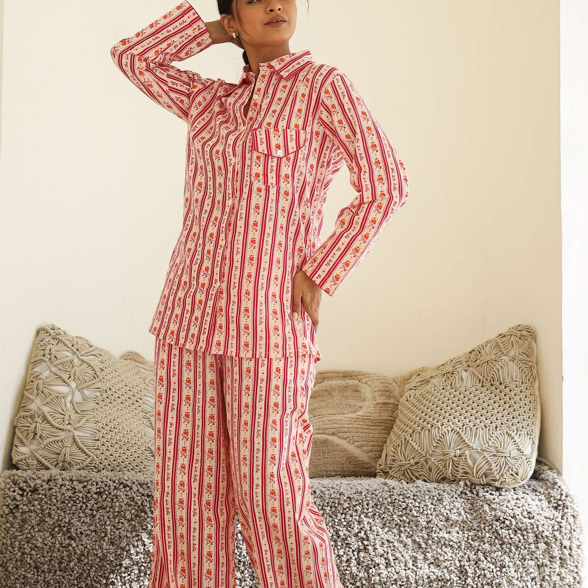 Elegant Striped Cotton Night Suit