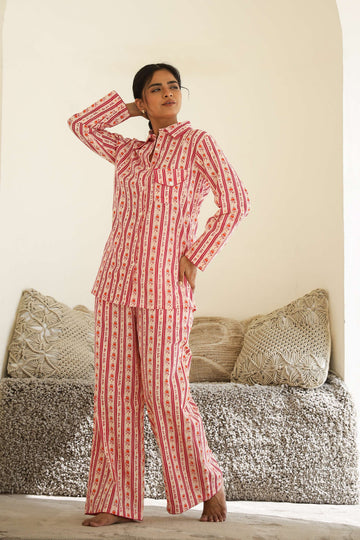Elegant Striped Cotton Night Suit