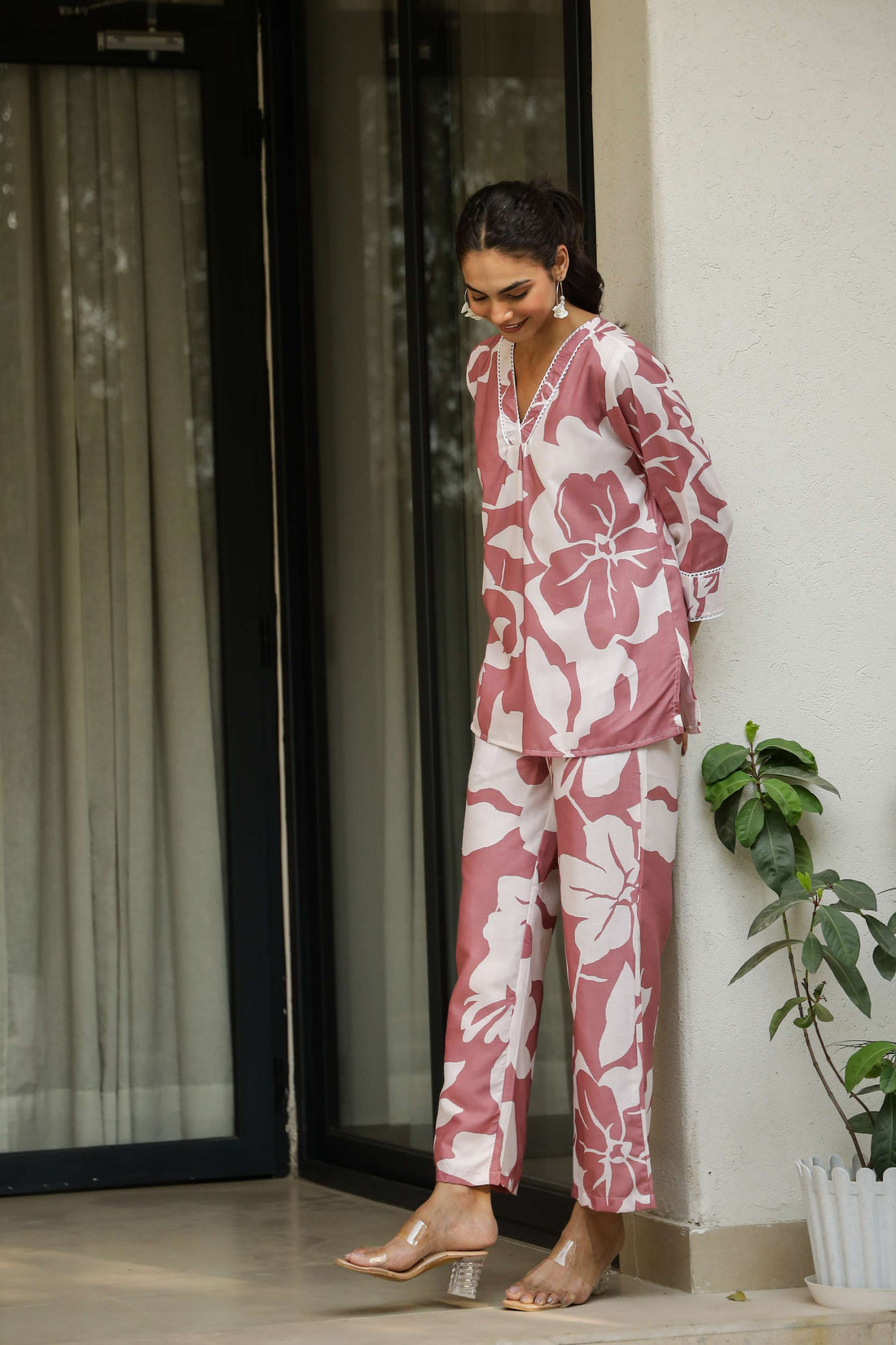 Blush Pink & White Floral Printed Co-Ord Set for Women