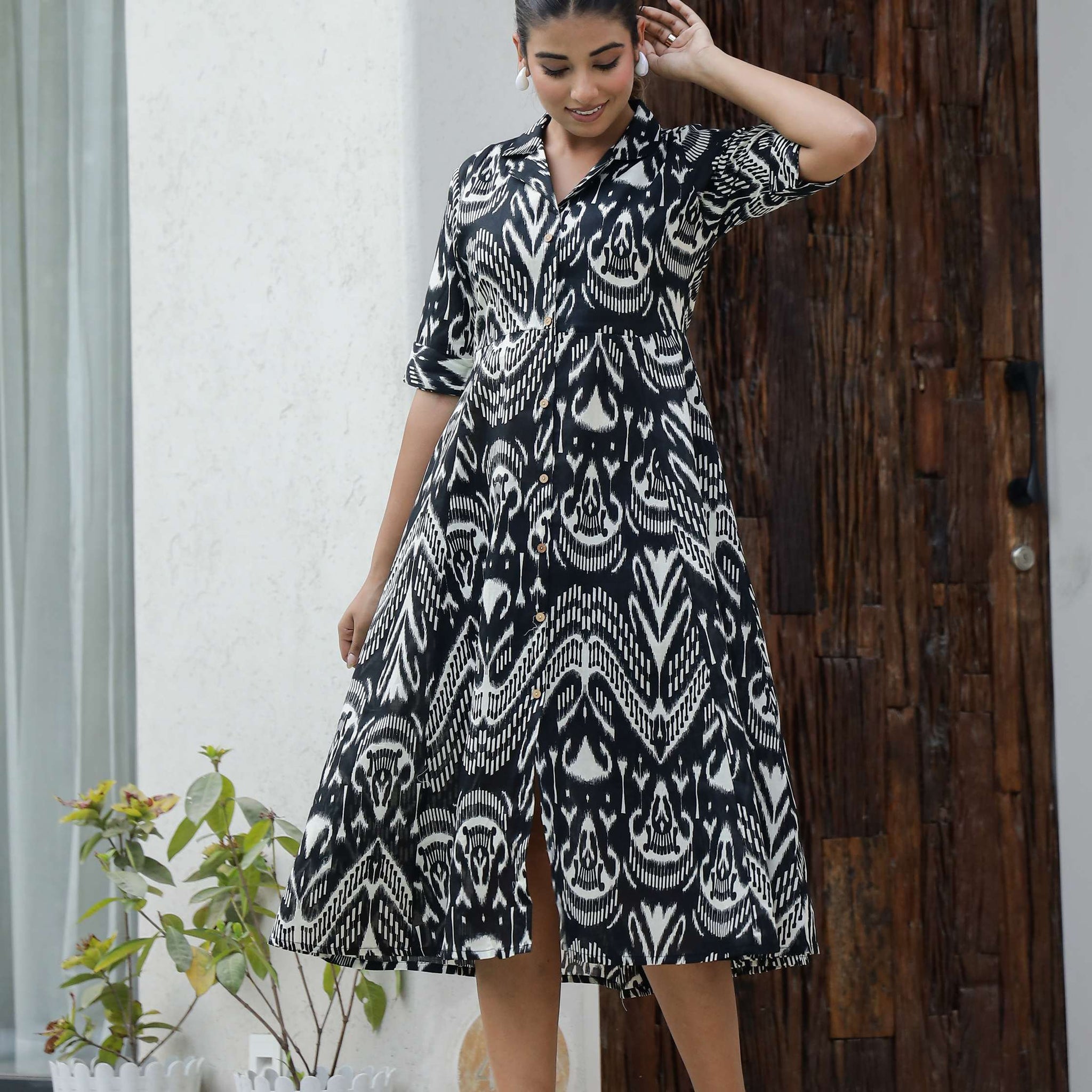 Black & White Ikat Cotton Shirt Dress – Bold Monochrome Flare