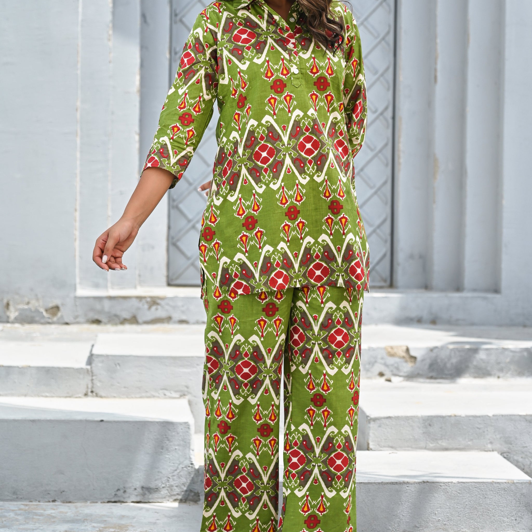 Green Floral Printed Cotton Co-ord Set for Women