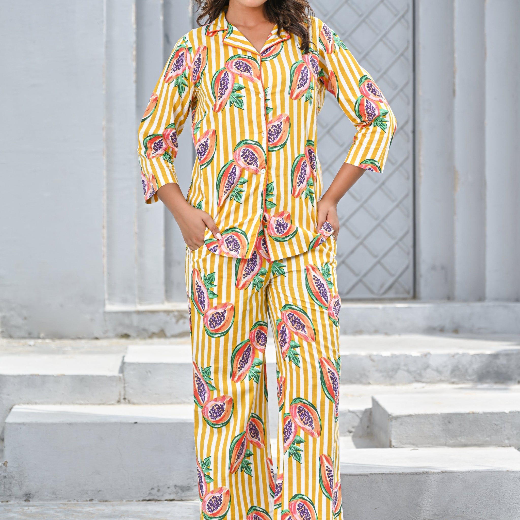 Women’s Yellow & White Stripe Papaya Print Co-ord Set