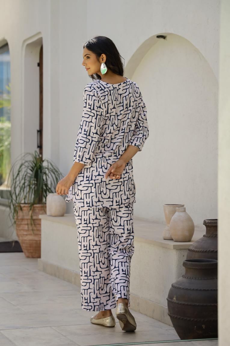 Abstract Script Print Satin Pajama Set - Unique & Luxurious Nightwear | Co-Ord Set | Shop stylish women's clothing online at Label Flavia |
