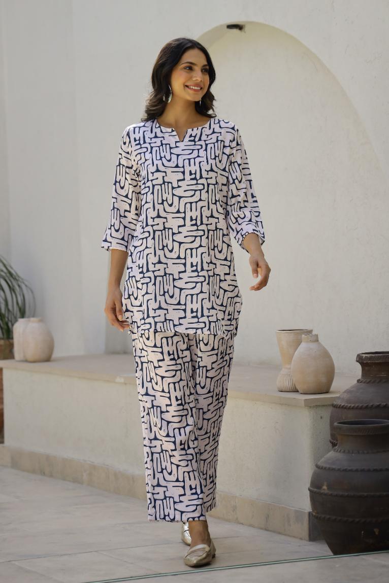 Abstract Script Print Satin Pajama Set - Unique & Luxurious Nightwear | Co-Ord Set | Shop stylish women's clothing online at Label Flavia |