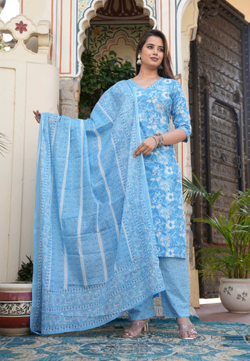 Sky Blue Floral Printed Cotton Suit Set