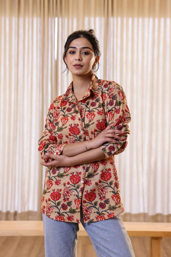 Women's Cream & Red Floral Print Shirt - Bold & Elegant | Women's Shirt | Shop stylish women's clothing online at Label Flavia |