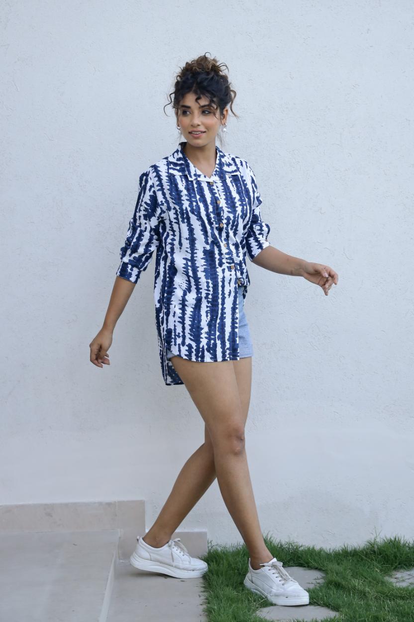 Women's Blue Tie-Dye Shirt - Relaxed & Trendy | Women's Shirt | Shop stylish women's clothing online at Label Flavia |