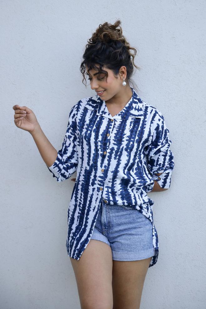 Women's Blue Tie-Dye Shirt - Relaxed & Trendy | Women's Shirt | Shop stylish women's clothing online at Label Flavia |