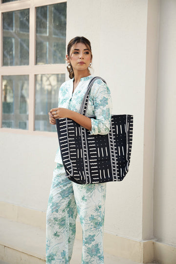Handcrafted Black & White Cloth Tote Bag – Boho-Chic and Spacious