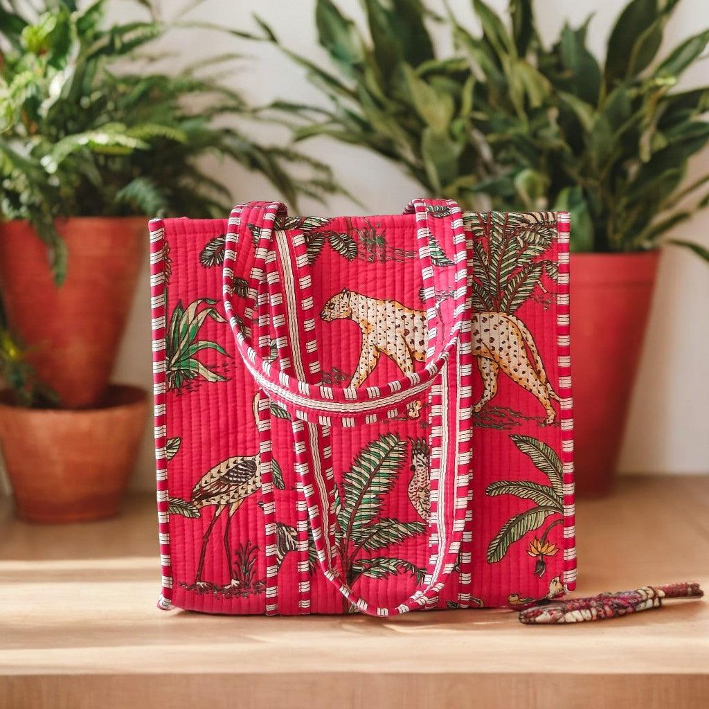 Handcrafted Jungle-Print Pink Tote Bag for Indian Women – Eco-Friendly, Spacious & Stylish