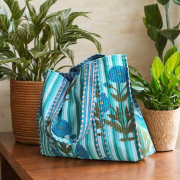 Handcrafted Blue Poppy Geometric-Print Tote Bag – Sleek, Spacious & Durable