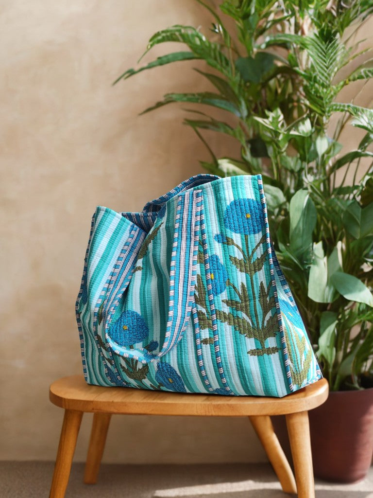 Handcrafted Blue Poppy Geometric-Print Tote Bag – Sleek, Spacious & Durable